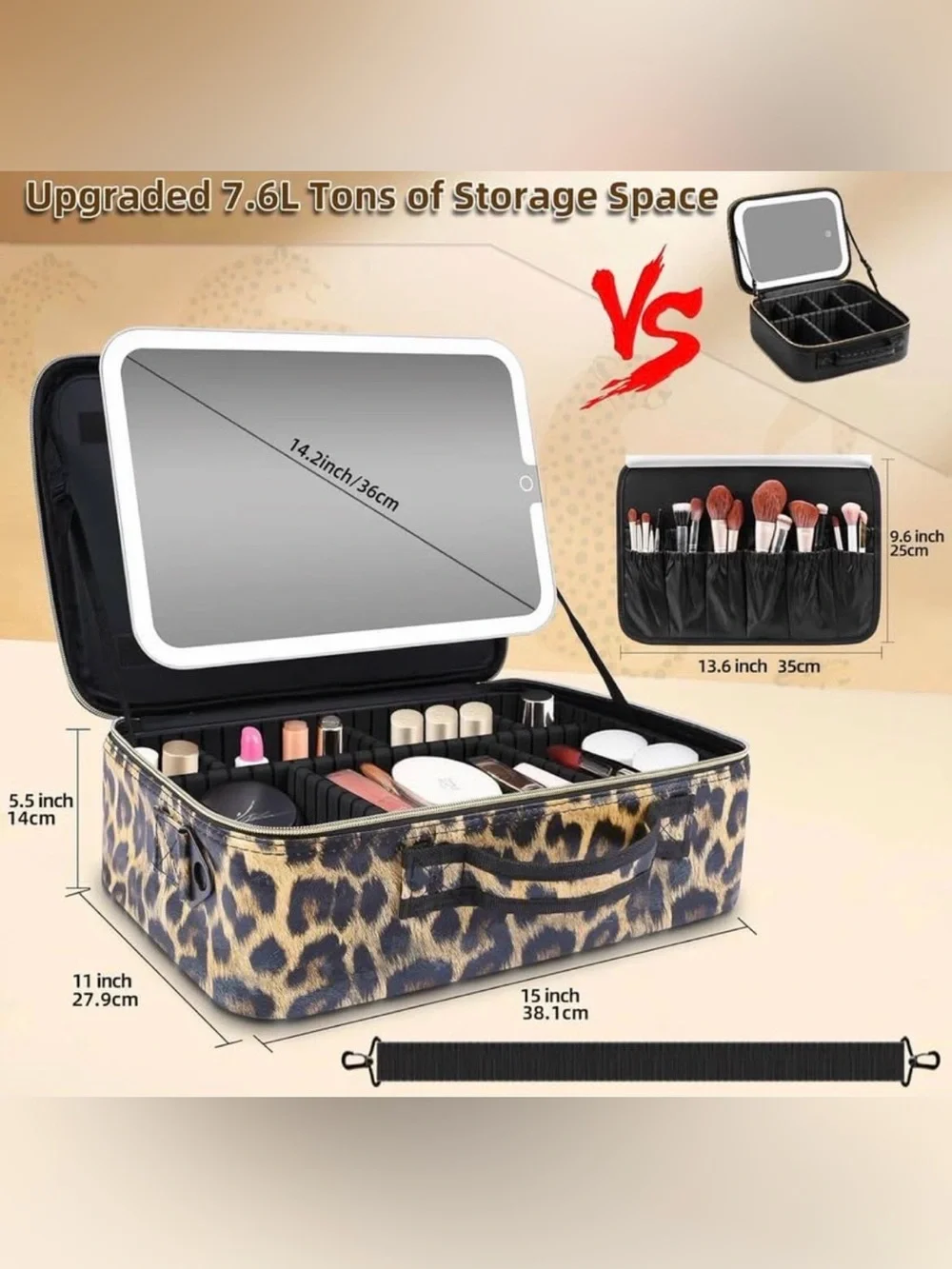 NEW 15''X11'' Large Travel Makeup Bag with LED mirror & Adjustable Dividers